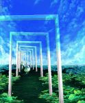  1girl door hand_holding icelog nature oekaki original pixel_art scenery sky surreal tunnel walking water 