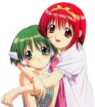  2girls bow green_eyes green_hair hug kamigishi_akari multi multiple_girls red_eyes redhead robot_ears short_hair smile to_heart yellow_bow 