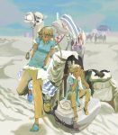  1boy 1girl animal blonde_hair blue_sky braid camel dark_skin desert green_eyes hands_on_own_cheeks hands_on_own_face long_hair looking_at_viewer luggage original outdoors pants sand silhouette sitting sky slippers smile twin_braids twintails 