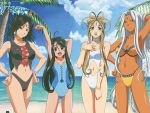  4girls 90s :d aa_megami-sama aa_megami-sama:_sorezore_no_tsubasa age_difference ahoge antenna_hair arm_up armpits bangs beach belldandy bikini black_bikini black_hair blue_eyes blue_sky blue_swimsuit blush bracelet breasts brown_eyes brown_hair casual_one-piece_swimsuit child cleavage cleavage_cutout clenched_hand clenched_hands clouds cropped cross-laced_clothes dark_skin detexted earrings everyone facial_mark flat_chest forehead_mark goddess hair_between_eyes halterneck hand_behind_head hand_in_hair hand_on_own_chest hands_on_hips holding_arm jewelry large_breasts legs_crossed light_smile lineup long_hair looking_at_viewer low_ponytail medium_breasts midriff multiple_girls navel navel_cutout neck_ring ocean official_art one-piece_swimsuit open_mouth outdoors palm_tree peorth ponytail satou_michio scan short_hair sidelocks skuld sky smile standing strapless stretch string_bikini swimsuit tan tankini thigh_gap tree urd very_long_hair wallpaper water white_hair white_swimsuit wide_hips 