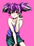  1girl bare_shoulders chiko earrings female jewelry pink_background pink_hair purple_hair red_eyes short_hair shorts simple_background smile solo top_wo_nerae_2! twintails tycho_science 