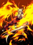  1girl female fiery_wings fire fujiwara_no_mokou highres long_hair solo suspenders touhou 