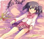  1girl :o black_hair grass hair_ribbon long_sleeves looking_at_viewer lowres lying on_back open_mouth plant red_eyes red_skirt ribbon rock school_uniform shirt short_hair skirt solo to_heart_2 two_side_up white_shirt yuzuhara_konomi 