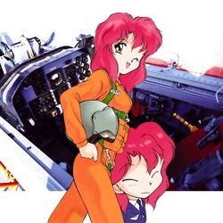  1girl 90s aozora_shoujotai chibi cockpit dual_persona helmet one_eye_closed orange_eyes pilot_suit pink_hair shimorenjaku_yoko shimorenjaku_youko solo wink 