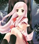  1girl against_tree black_legwear blush flower hair_flower hair_ornament kneehighs long_hair long_sleeves looking_at_viewer lucy_maria_misora outstretched_arm pink_hair red_eyes red_skirt school_uniform shirt sitting skirt solo thighs to_heart_2 tree very_long_hair white_shirt 