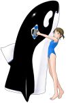  1girl artist_request barefoot brown_eyes brown_hair casual_one-piece_swimsuit copyright_request inflatable_orca inflatable_toy one-piece_swimsuit one_eye_closed orca short_hair short_twintails simple_background solo swimsuit twintails whale wink 