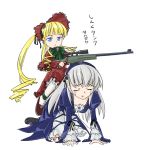  00s 2girls all_fours awp blonde_hair blue_eyes closed_eyes comic dress ground_vehicle gun hat looking_at_viewer military military_vehicle motor_vehicle multiple_girls orz pun riding rifle rozen_maiden shinku silver_hair simple_background sniper sniper_rifle suigintou tank tears translated vehicle weapon white_background white_hair 