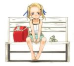  1girl backpack bag bare_shoulders barefoot bench blonde_hair blue_eyes blush feet panties randoseru shoes shoes_removed sitting sketch sleeve sody solo toes twintails underwear 