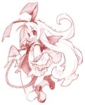  1girl akata_itsuki bow character_name disgaea fallen_angel flonne flonne_(fallen_angel) leotard long_hair makai_senki_disgaea monochrome nippon_ichi red simple_background sketch solo tail tail_bow white_background 