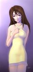  1girl bare_shoulders brown_eyes brown_hair cowboy_shot dress expressionless final_fantasy final_fantasy_viii hand_on_own_chest long_hair looking_at_viewer naska_chijoue purple_background rinoa_heartilly simple_background sleeveless sleeveless_dress solo standing yellow_dress 