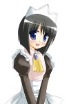  1girl :d apron black_hair blue_eyes blush brooch gem hairband hands_together jewelry long_sleeves maid maid_apron maid_headdress open_mouth short_hair siesta simple_background smile solo upper_body v_arms white_background white_water zero_no_tsukaima 