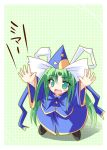  1girl black_shoes blue_jacket blue_skirt fang female full_body green_eyes green_hair hat jacket long_hair looking_up mima shoes skirt solo touhou wizard_hat 