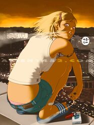  1girl alien1452 back bandaid blonde_hair blouse cigarette city downpants korean lighter looking_at_viewer looking_back midriff open_mouth outdoors panties pink_eyes pink_panties rooftop sandals short_hair shorts sleeveless smoke smoking solo squatting tan tank_top tattoo underwear 