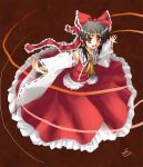  1girl :d bare_shoulders black_hair bow cravat detached_sleeves female full_body hair_bow hair_tubes hakurei_reimu long_hair long_sleeves looking_at_viewer mountain_of_faith open_mouth outstretched_arms red_background red_bow red_skirt ribbon-trimmed_sleeves ribbon_trim samuraiguchi simple_background skirt smile solo touhou vest 