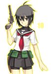  00s 1girl ahoge androgynous belt bike_shorts black_hair gakuen_kino grey_eyes gun handgun holding holding_gun holding_weapon holster kino kino_no_tabi revolver school_uniform serafuku smile solo tomboy trigger_discipline weapon yu_65026 