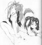  2girls 90s aa_megami-sama all_fours ass bangle barefoot belldandy bracelet breasts casual_one-piece_swimsuit crease earrings facial_mark feet forehead_mark fujishima_kousuke goddess jewelry long_hair looking_at_viewer looking_back monochrome multiple_girls one-piece_swimsuit peorth peorth_(child) ponytail ring scan short_hair sitting smile swimsuit top-down_bottom-up wariza 