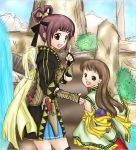  2girls arm_guards bow brown_hair detached_sleeves from_behind gensou_suikoden gensou_suikoden_v knife long_hair looking_at_viewer looking_back lymsleia_falenas miakis miniskirt multiple_girls outdoors pointing ribbon sheath short_hair sketch skirt smile tree water waterfall 