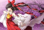  1girl ayase_hazuki bare_shoulders bow brown_hair cherry_blossoms detached_sleeves expressionless female hair_bow hair_ribbon hakurei_reimu holding ofuda petals ponytail profile ribbon short_hair solo touhou wide_sleeves 