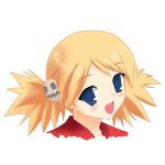  1girl :d blonde_hair blue_eyes blush face hair_ornament looking_at_viewer lowres open_mouth sasamori_karin simple_background smile solo spiky_hair to_heart_2 twintails upper_body white_background 