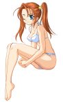  1girl barefoot bikini blue_eyes brown_hair dragon_quest dragon_quest_viii jessica_albert one_eye_closed redhead sitting solo square_enix swimsuit transparent_background twintails wink 