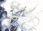  1boy armor belt blue_eyes gauntlets male_focus pale_color pose solo spiegeln_sie_silber sumi_keiichi sword weapon white white_background white_hair 