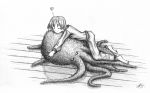  1girl angry barefoot fuzzy happy heart lying male_focus monochrome octopus pajamas sketch smile solo tentacle 
