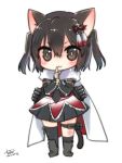 &gt;:3 1girl :3 animal_ears asymmetrical_legwear black_eyes black_hair blush cat_ears cat_tail chibi commentary dated elbow_gloves fingerless_gloves gloves hair_ornament kantai_collection ko_ru_ri remodel_(kantai_collection) scarf sendai_(kantai_collection) signature simple_background solo standing tail thigh_strap twintails white_background 