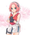  1girl blue_eyes female gloves haruno_sakura kubyou_azami naruto naruto_shippuuden pink_hair short_hair solo thigh_strap 