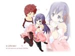  1boy 1girl blue_hair blush brown_eyes carrying dress emiya_shirou fate/stay_night fate_(series) from_above long_hair long_sleeves looking_at_another matou_sakura pink_dress princess_carry redhead shirt simple_background spiky_hair standing t-shirt takasaki_yuuki white_background white_shirt zoom_layer 