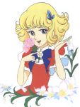  70s araki_shingo blonde_hair blue_eyes flower hana_no_ko_lunlun himeno_michi lunlun magical_girl oldschool peony_(flower) ribbon rose short_hair simple_background 