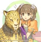  1girl :d bandage brooch brown_hair chains chinese_clothes cleavage_cutout collar earrings ernst gensou_suikoden gensou_suikoden_v grey_hair hair_ornament jewelry leopard lowres norma_(suikoden) open_mouth orange_eyes petting short_hair short_twintails smile turtleneck twintails two_side_up watanuki_nao 