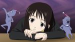  1girl bob_cut brown_eyes brown_hair dancing face hikikomori_alien long_sleeves looking_at_viewer monster nakahara_misaki nhk_ni_youkoso! parted_lips purple_background sanshita short_hair simple_background solo table upper_body 