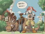  00s 1girl 2004 :3 alien1452 ankle_boots belt boots castle chimney clouds dragon freckles goggles goggles_around_neck hand_on_hip happy house knee_pads korean looking_at_viewer mountain outdoors redhead shorts sky smile smoke sword tank_top translated tree weapon 