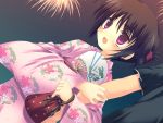  1girl :d aerial_fireworks arm_holding arm_hug black_hair dutch_angle fan festival fireworks floral_print game_cg hair_up japanese_clothes kimono meito_(maze) open_mouth paper_fan pink_eyes pouch short_hair smile solo_focus summer_festival uchiwa upper_body yukata 