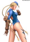  1girl ass blonde_hair blue_headwear blue_leotard braid breasts cammy_white capcom closed_mouth facing_away feet_out_of_frame female garrison_cap gauntlets hat leotard long_hair looking_away medium_breasts ribbed_leotard ryu_(ryu&#039;s_former_site) simple_background solo standing street_fighter thighs thong_leotard turtleneck turtleneck_leotard twin_braids white_background 