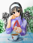  00s 1girl black_hair blue_eyes blush hairband school_uniform solo tea tohno_akiha tsukihime 