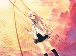  1girl against_fence bangs black_legwear black_skirt breasts chain-link_fence clenched_hand closed_mouth clouds dutch_angle expressionless fence flipped_hair floating_hair from_below game_cg hair_ornament hairclip kawata_hisashi kneehighs light_rays long_hair long_sleeves looking_at_viewer lucy_maria_misora miniskirt mitsumi_misato neck_ribbon outdoors pink_hair pleated_skirt ribbon school_uniform sidelocks skirt sky small_breasts socks solo standing sunbeam sunlight sunset swept_bangs to_heart_2 turtleneck very_long_hair 