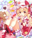  1girl ascot blonde_hair bloomers bobby_socks eating flandre_scarlet food food_on_face hat hat_ribbon heart heart-shaped_pupils looking_at_viewer mob_cap paragasu_(parags112) puffy_short_sleeves puffy_sleeves red_eyes red_ribbon red_shoes red_skirt ribbon shoes short_sleeves side_ponytail sitting skirt skirt_set socks solo stuffed_animal stuffed_toy symbol-shaped_pupils teddy_bear touhou underwear white_legwear wings wrist_cuffs 