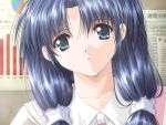 1girl blue_eyes blue_hair close-up game_cg long_hair onosaka_chiaki smile solo twintails working_days yamamoto_kazue 