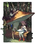  1boy 1girl book fantasy forest maruta_kentarou mushroom nature oversized_object staff yawning 