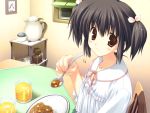  1girl black_hair curry eating food game_cg mitsumi_misato orange_juice red_eyes solo table to_heart_2 twintails yuzuhara_konomi 
