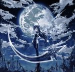  1girl blue clouds huge_weapon long_hair lowres mechanical_wings moon night scythe sky solo thigh-highs very_long_hair weapon wings 