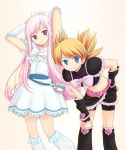 2girls black_boots blonde_hair blue_eyes boots cosplay cure_black cure_black_(cosplay) cure_white cure_white_(cosplay) futari_wa_precure gloves knee_boots long_hair lucy_maria_misora magical_girl midriff multiple_girls parody pink_eyes pink_hair precure ryp sasamori_karin to_heart_2 white_boots 