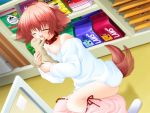  1girl animal_ears bare_shoulders blush closed_eyes collar dog dog_ears dog_tail fang game_cg happy hinata_(pure_pure) holding klein licking off_shoulder open_mouth pet puppy pure_pure redhead ribbon sakurazawa_izumi short_hair smile socks solo sweater tail tail_wagging tongue 