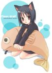  1girl animal_ears artist_name black_hair cat_ears fish kubyou_azami original red_eyes short_hair solo 