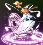  00s 1girl blue_eyes energy_ball fingerless_gloves gloves lyrical_nanoha magazine_(weapon) magic_circle magical_girl mahou_shoujo_lyrical_nanoha octagram raising_heart redhead shoes skirt solo sumeragi_kou takamachi_nanoha twintails violet_eyes winged_shoes wings 