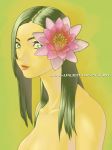  1girl alien1452 flower green_eyes green_hair hair_ornament lips long_hair lotus nude solo 