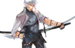  1boy fingerless_gloves gloves katana male_focus open_clothes open_shirt original princess_spirit shirt solo sword weapon white_hair 