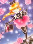  1girl 90s black_gloves black_legwear elbow_gloves flower gloves haneoka_meimi kaitou_saint_tail magical_girl official_art one_eye_closed pantyhose pink_rose rose saint_tail solo tachikawa_megumi wink 