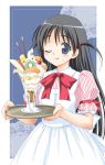  00s 1girl black_hair blue_eyes bow food ice_cream long_hair one_eye_closed parfait pocky puffy_sleeves ribbon school_rumble short_twintails smile solo striped tongue tsukamoto_tenma twintails waitress 